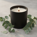 Eucalyptus Candle in a plain black glass jar with a wood wick
