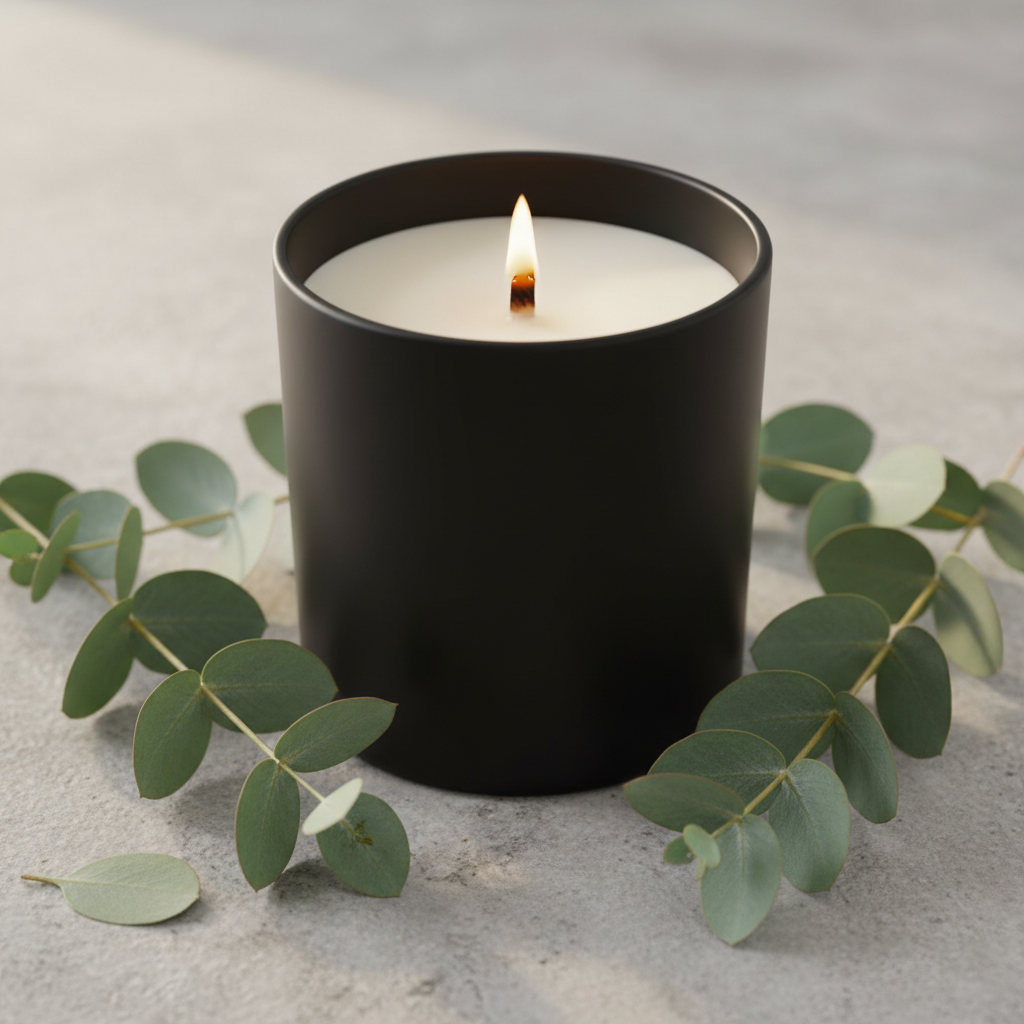 Eucalyptus Candle in a plain black glass jar with a wood wick