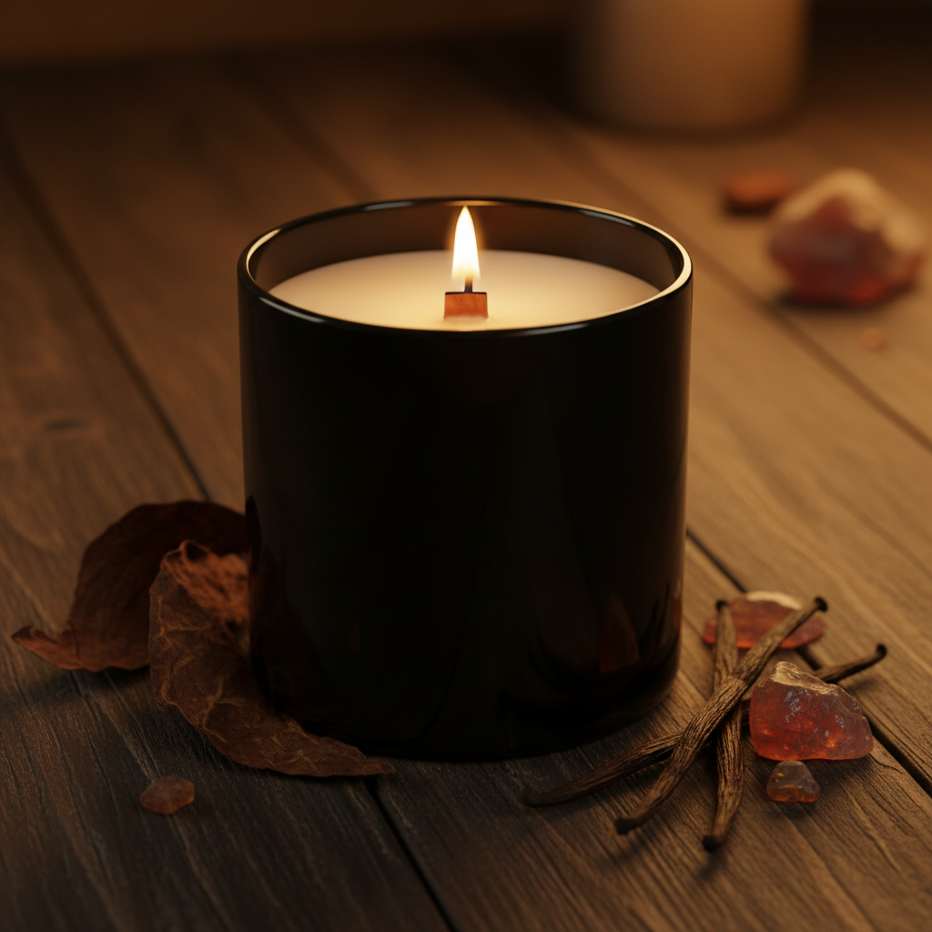 Sweet Tobacco Candle in a plain black glass jar with a wood wick