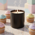 Cupcake Candle in a plain black glass jar with a wood wick