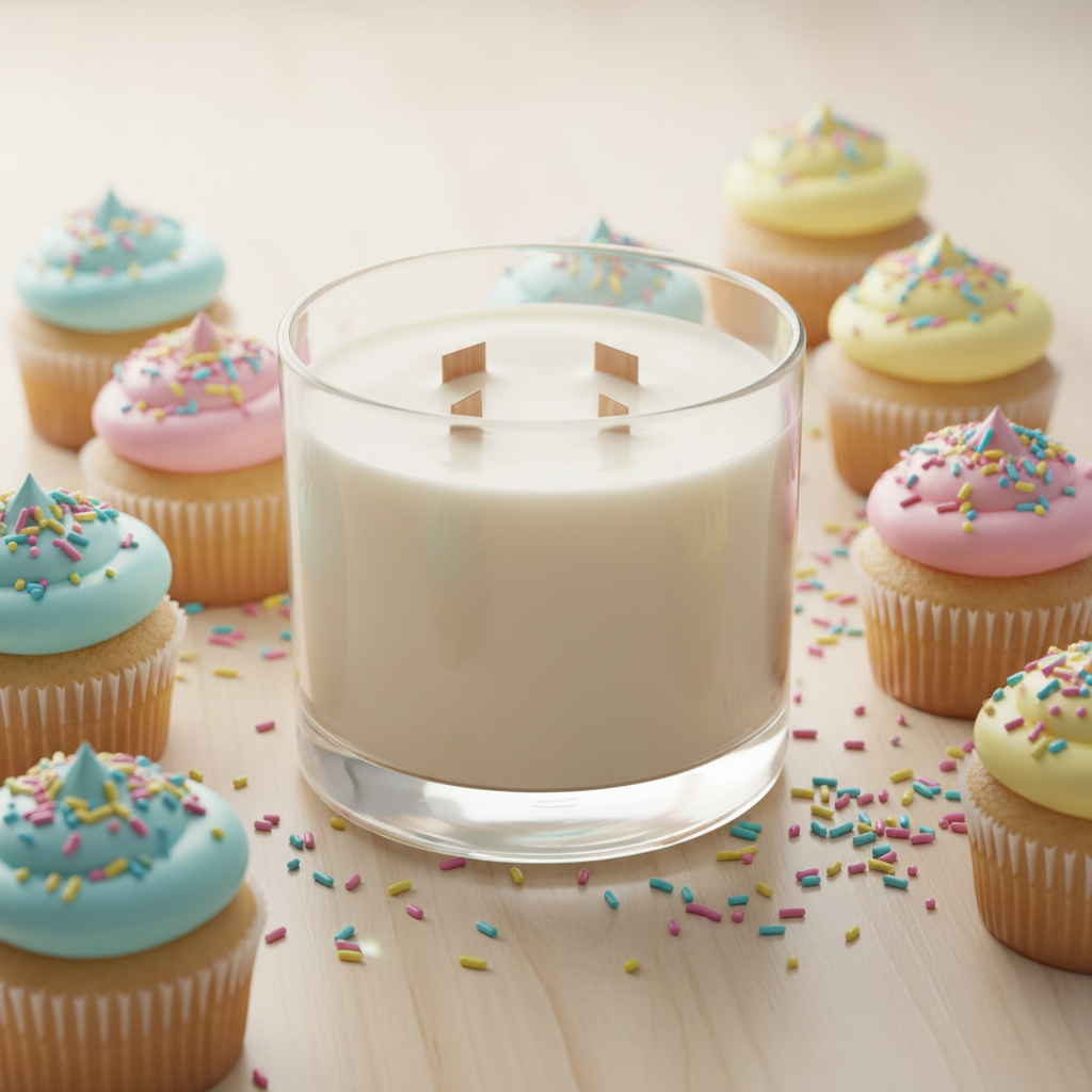 Cupcake Candle 24 oz in a wide clear glass jar with 3 wood wicks